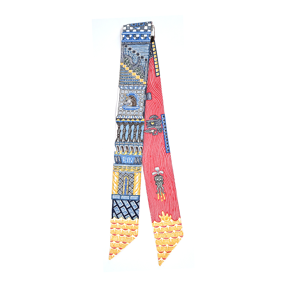 Hermes 愛馬仕 Super Silk Quest Twilly絲巾(藍/米金/棕)