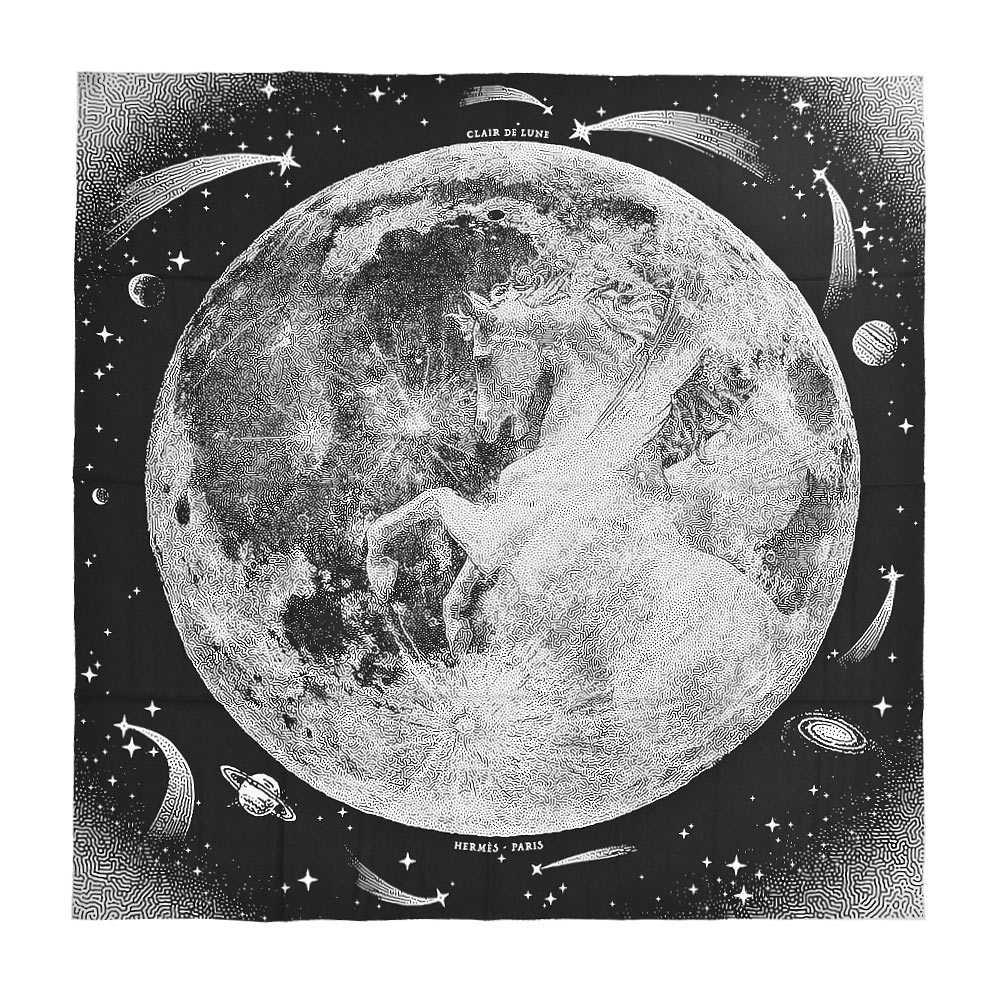 Hermes 愛馬仕 Clair de Lune 140 cm手工捲邊喀什米爾與真絲混紡方巾(黑/白)