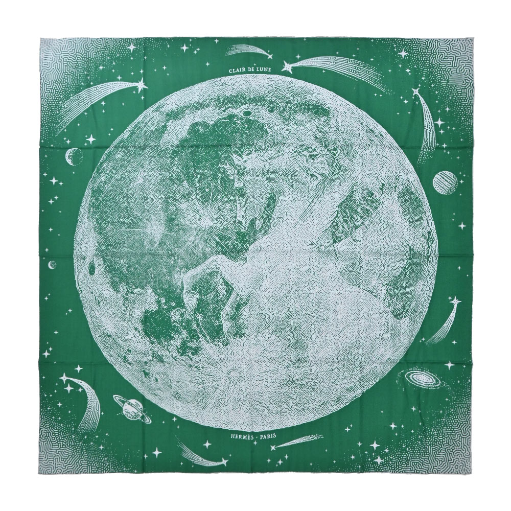 Hermes 愛馬仕 Clair de Lune 140 cm手工捲邊喀什米爾與真絲混紡方巾(綠/灰)