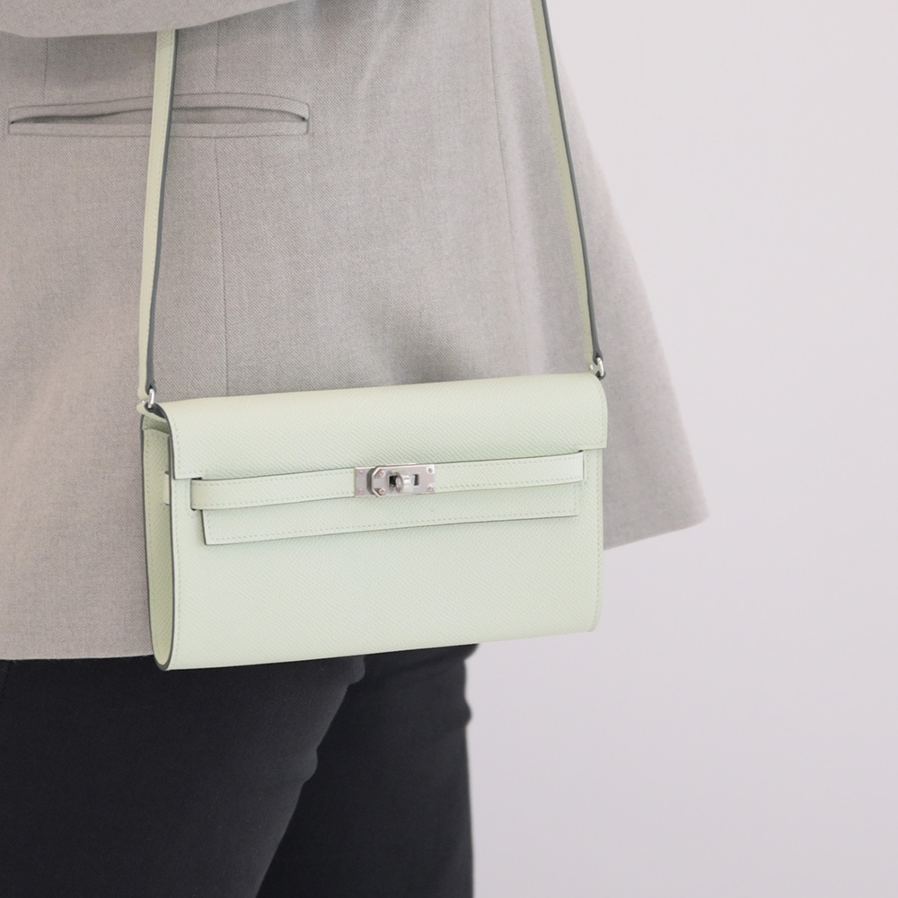 HERMES Kelly To Go 經典轉釦翻蓋斜揹包/長夾.氣泡綠