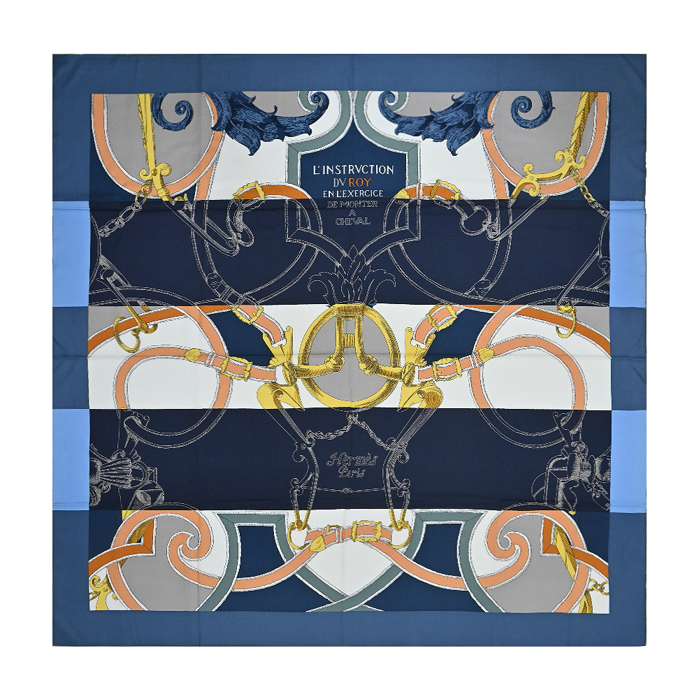 Hermes 愛馬仕 LInstruction du Roy Bayadere 140 cm手工捲邊喀什米爾與真絲混紡方巾(藍/金)