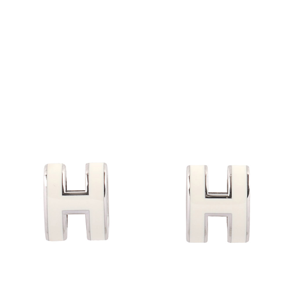 HERMES Mini Pop H立體簍空橢圓LOGO耳環(白色/銀色) H608002FP49