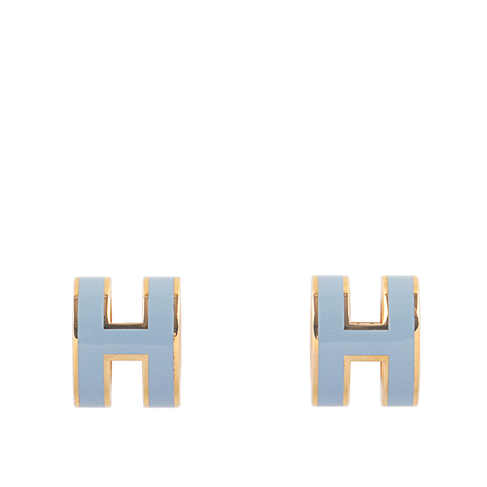 HERMES Mini Pop H立體簍空橢圓LOGO耳環(亞麻藍/金色) H608002F 05