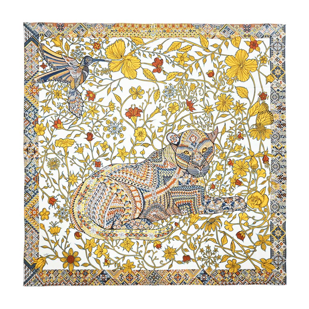 Hermes 愛馬仕 Le Jaguar et Le Colibri 140 cm手工捲邊喀什米爾與真絲混紡方巾(白/金黃/棕)
