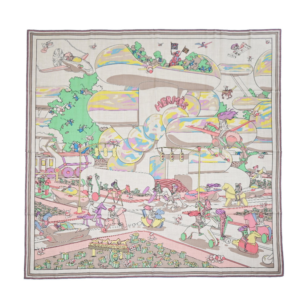 Hermes 愛馬仕 Hermès Locomotion 140 cm手工捲邊喀什米爾與真絲混紡方巾(自然/綠/黃)