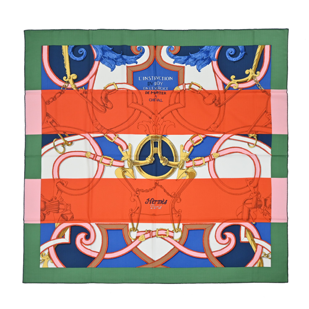 Hermes 愛馬仕 LInstruction du Roy Bayadere 140 cm手工捲邊喀什米爾與真絲混紡方巾(青/橘/藍)