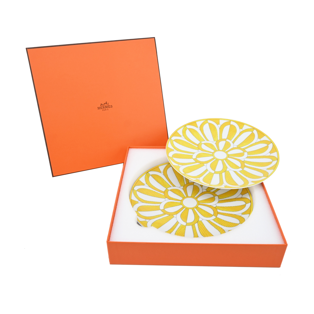Hermes 愛馬仕 Soleil d'Hermès 網版印刷和手繪裝飾陶瓷甜點盤(2件組)