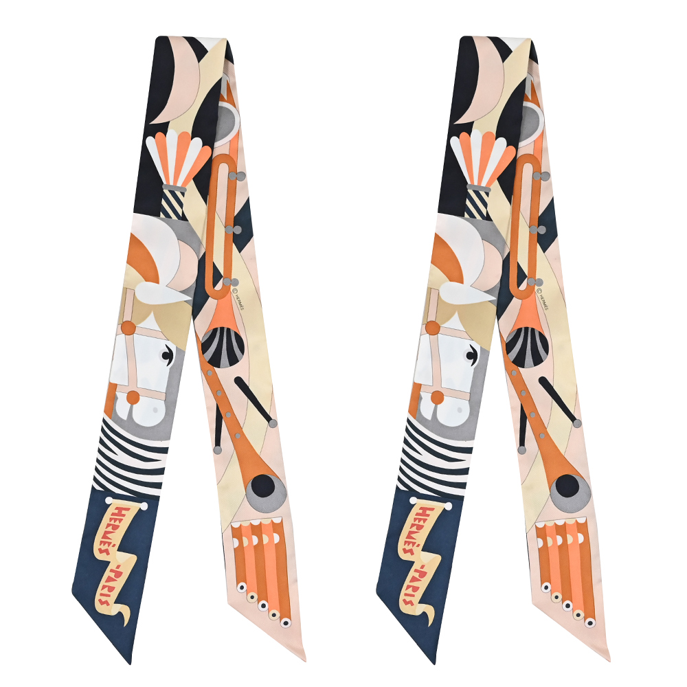 HERMES Parade en Fanfare Twilly 經典印花絲巾.焦糖色 1對