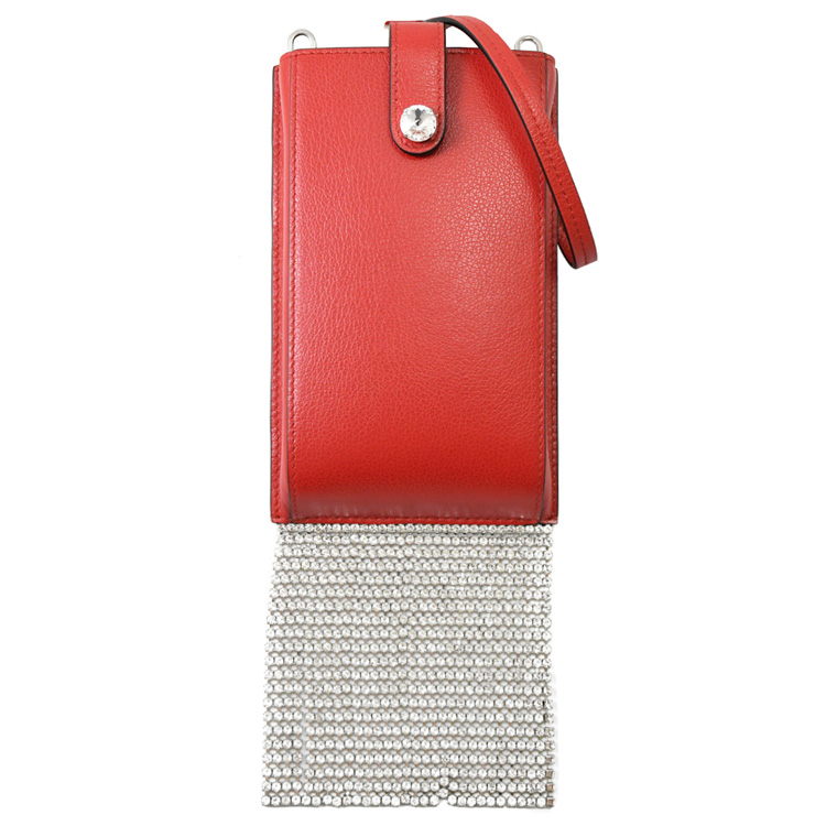 MIU MIU 5ZH117 水鑽流蘇裝飾小牛皮斜背手機包.紅