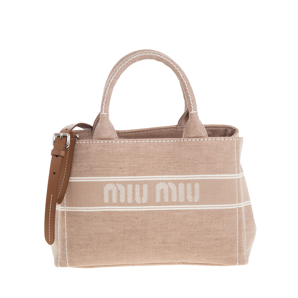 MIU MIU 新款雙色帆布織花標誌中款手提/肩背包 (粉膚色)