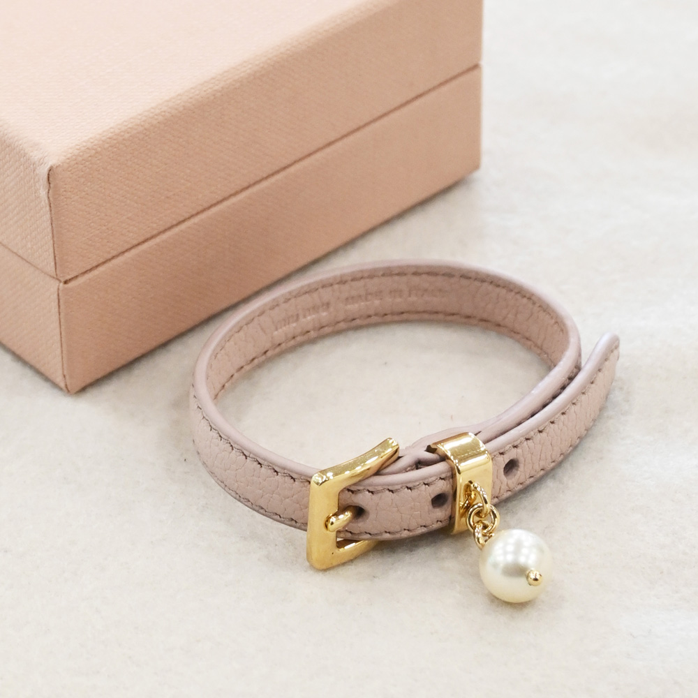 MIU MIU 5IB400 Madras 珠珠吊墜山羊皮革單圈手環.粉