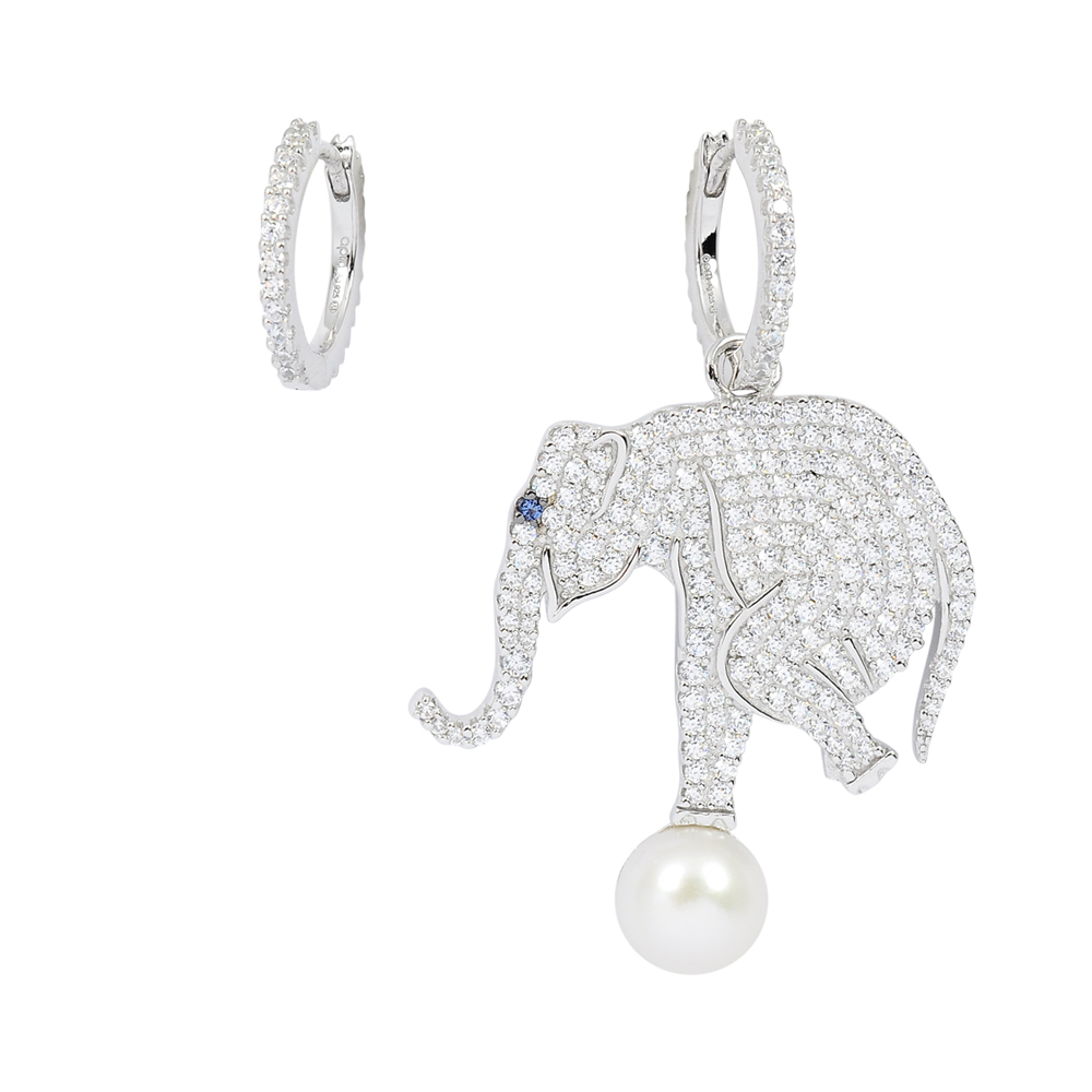 apm MONACO法國精品珠寶 閃耀銀色鑲鋯珍珠EQUILIBRE大象 圈式耳環