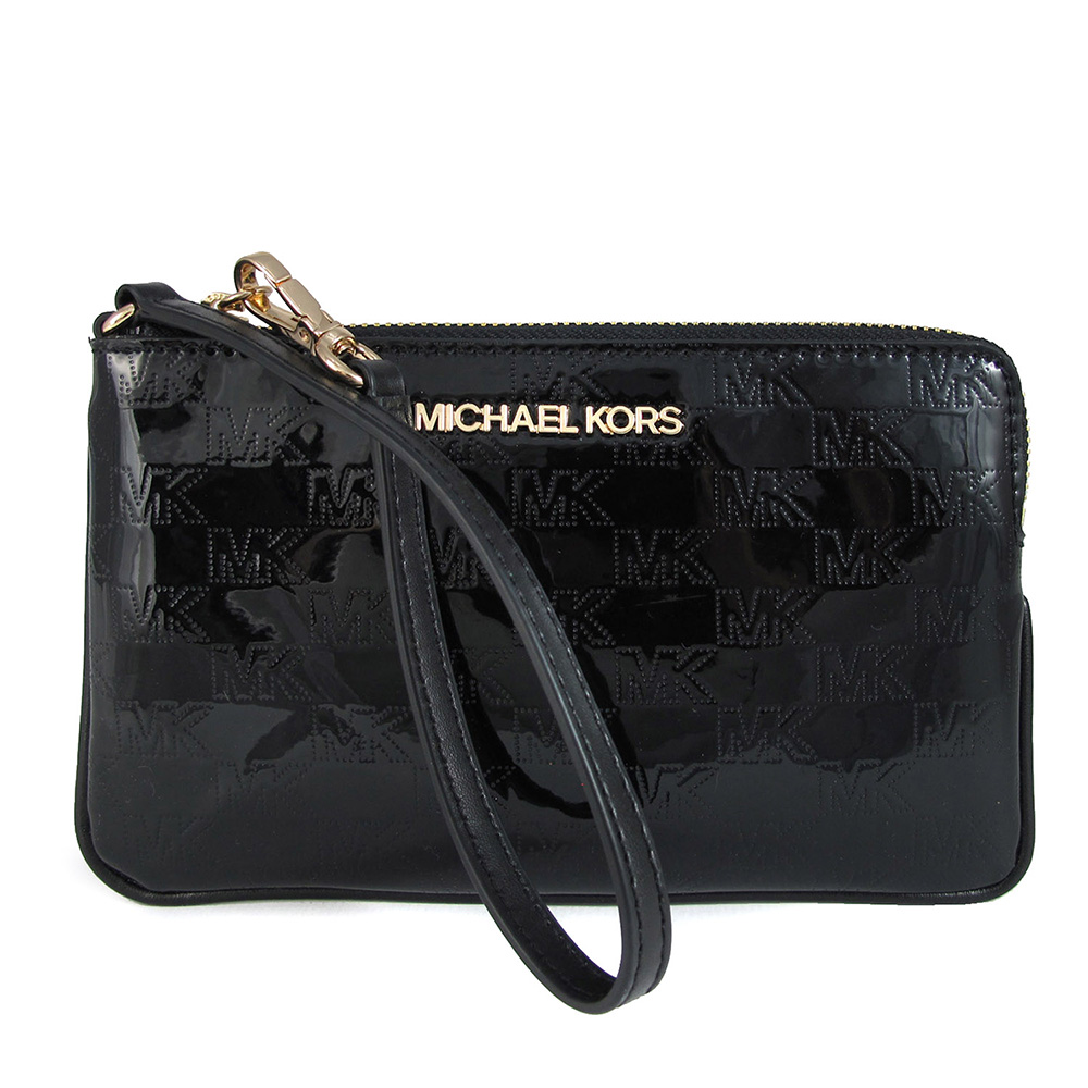MICHAEL KORS JET SET ITEM 金字Logo壓印滿版MK黑色皮革提掛式手拿包