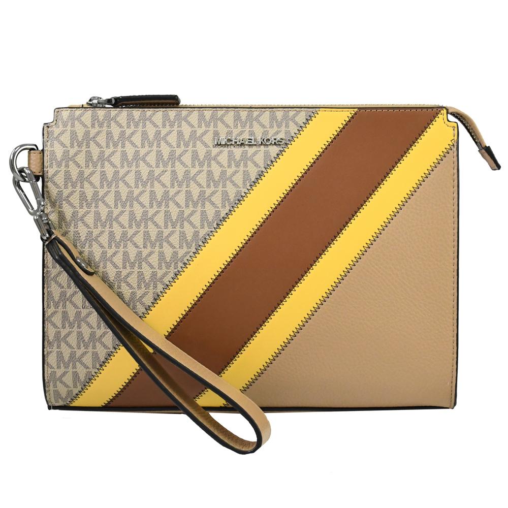 MICHAEL KORS COOPER 印花條紋拼接手提萬用包.卡其/黃