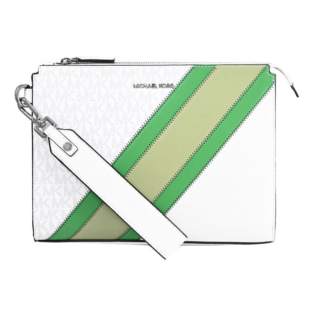 【福利品】MICHAEL KORS COOPER 印花條紋拼接手提萬用包.白/綠