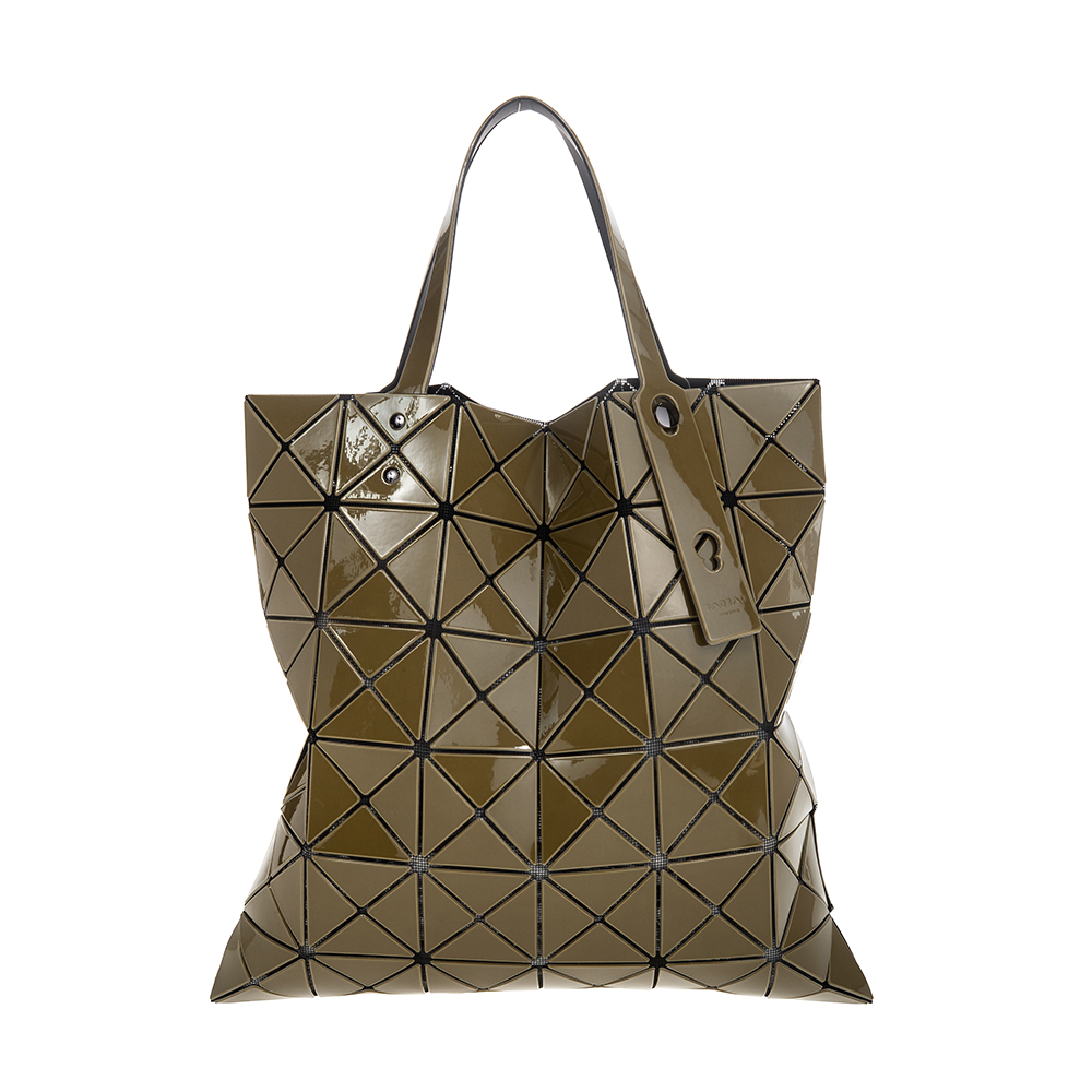 ISSEY MIYAKE 三宅一生 BAOBAO 新雙色亮面三角格灰底6x6手提包 (KHAKI×LIGHT KHAKI)