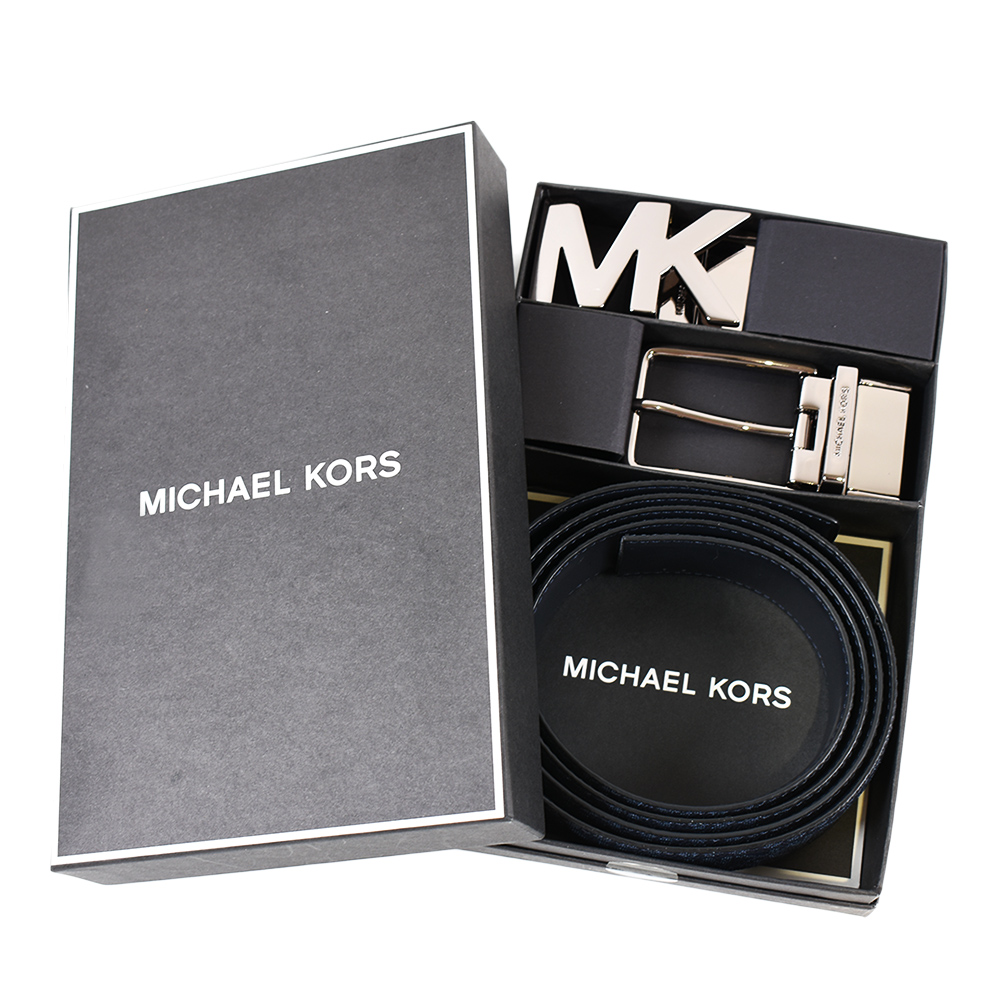 MICHAEL KORS 男款 緹花LOGO小MK雙釦頭雙面用寬版皮帶禮盒組-深藍色