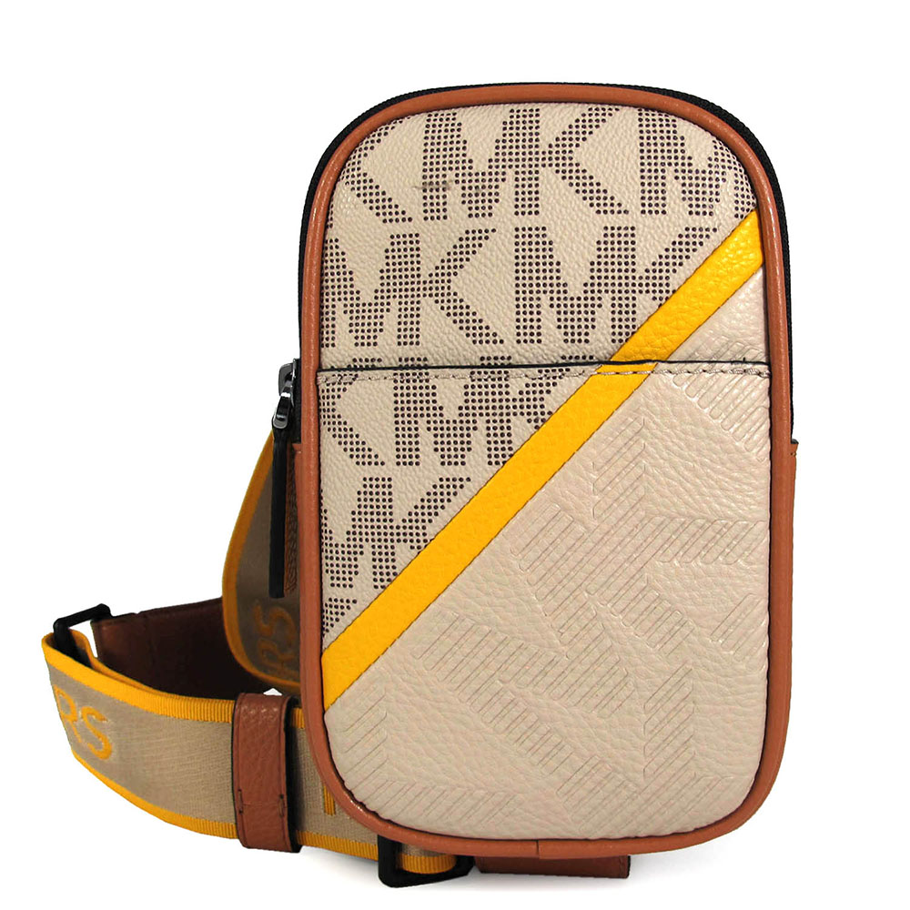 MICHAEL KORS COOPER 卡其X黃色防刮滿版MK寬帶單肩/胸/斜背手機包
