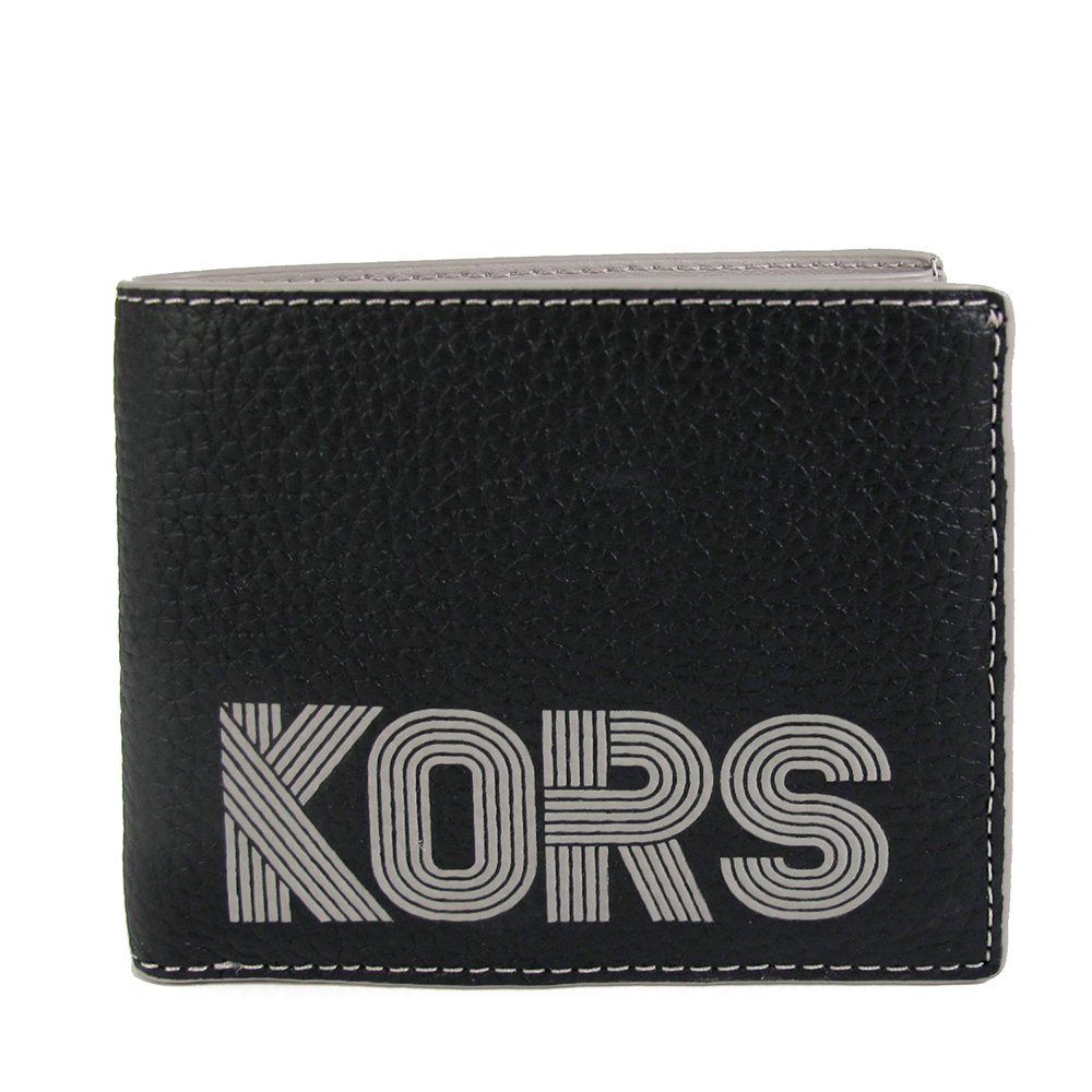 MICHAEL KORS COOPER 灰色品牌LogoX黑色鵝卵石紋皮革對開式短夾