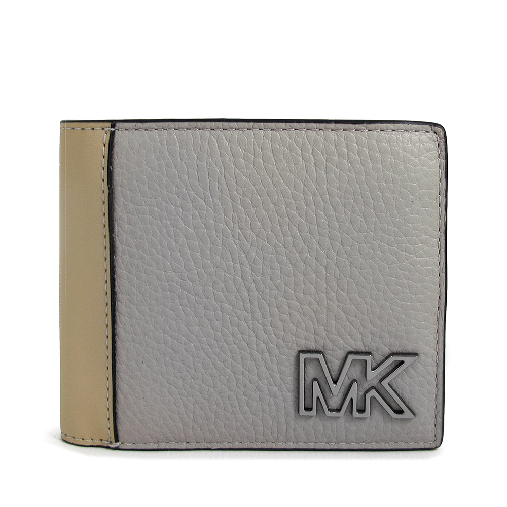 MICHAEL KORS COOPER 銀色簍空Logo大象灰色鵝卵石紋皮革對開式短夾(含零錢袋)