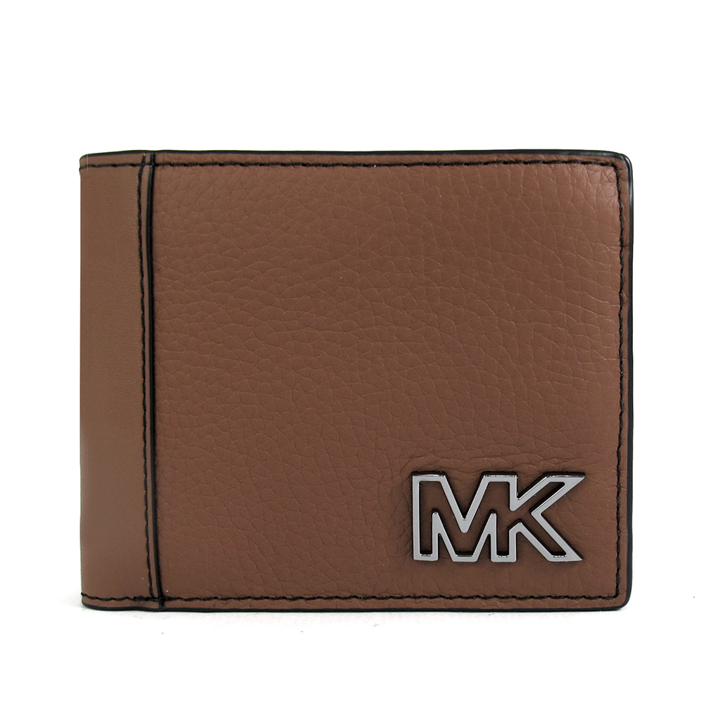MICHAEL KORS COOPER 銀色簍空Logo馬鞍棕色鵝卵石紋皮革對開式短夾(含零錢袋)