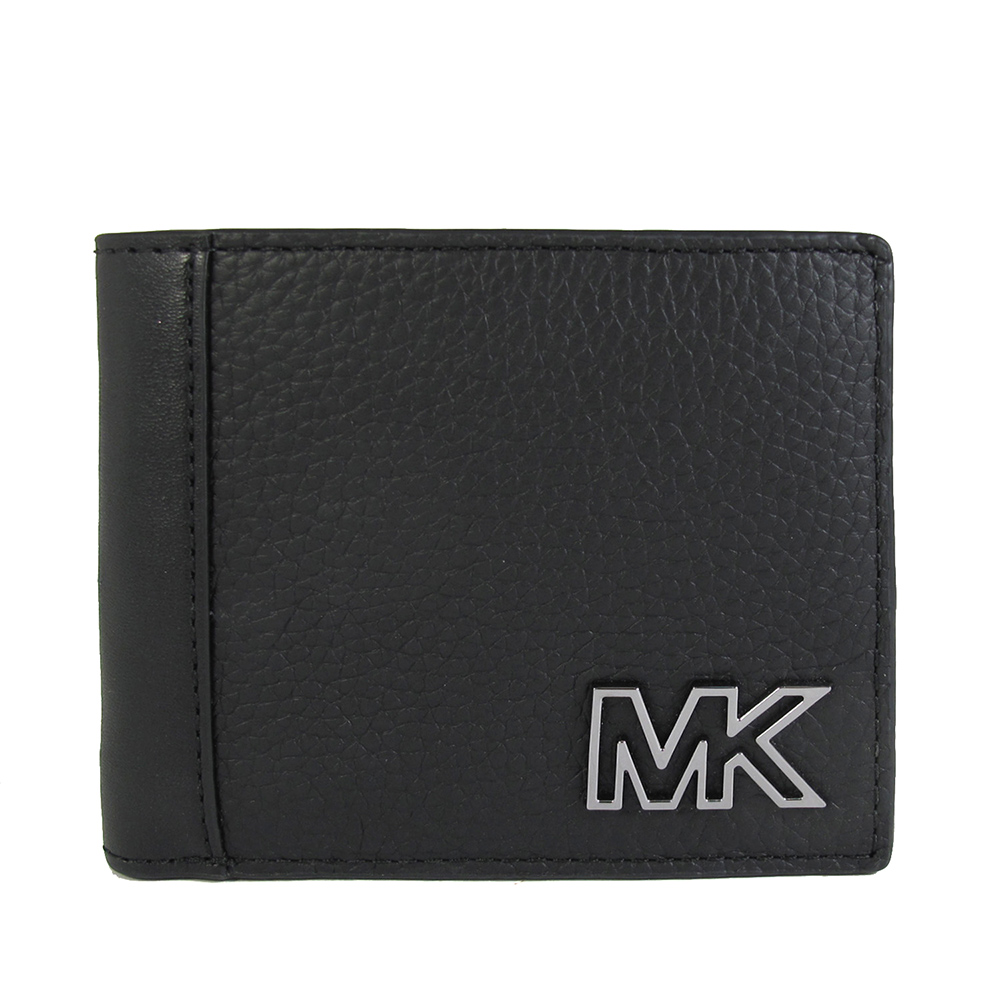 MICHAEL KORS COOPER 銀色簍空Logo黑色鵝卵石紋皮革對開式短夾(含零錢袋)