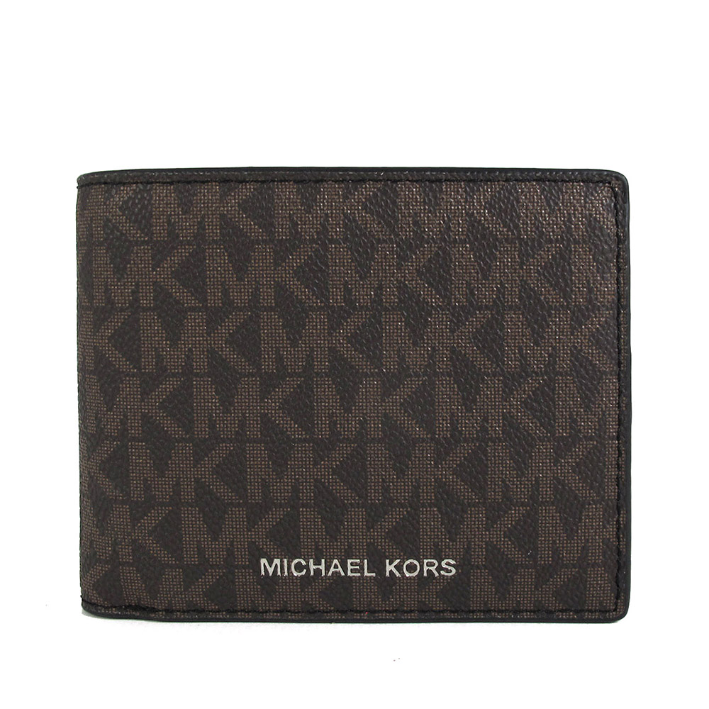 MICHAEL KORS COOPER 燙銀Logo咖黑色防刮滿版MK對開式短夾(含零錢袋)