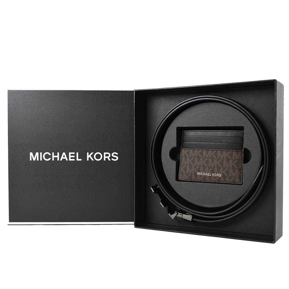 MICHAEL KORS 男款 鐵灰MK緹花LOGO防刮雙面用皮帶/名片夾禮盒-咖啡色/黑