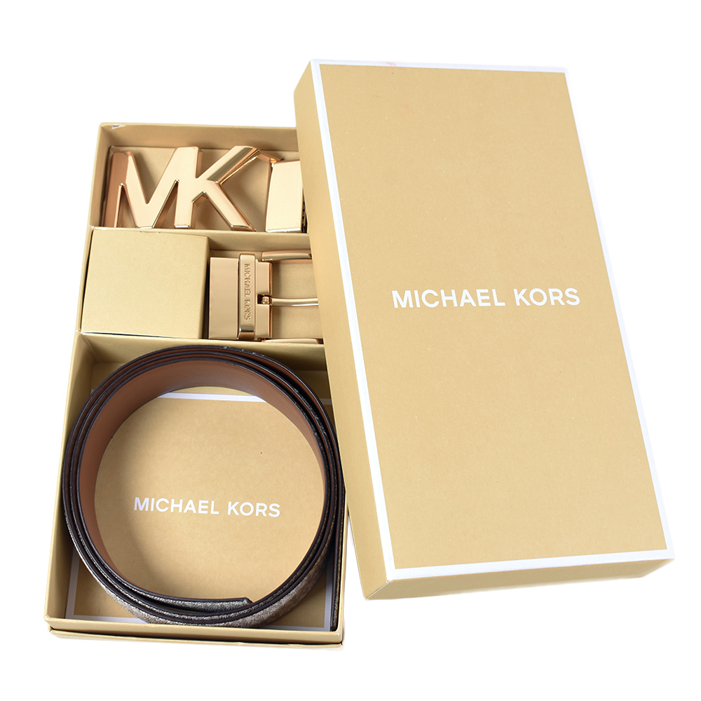 MICHAEL KORS 女款 緹花LOGO雙釦頭雙面用皮帶禮盒組-白色