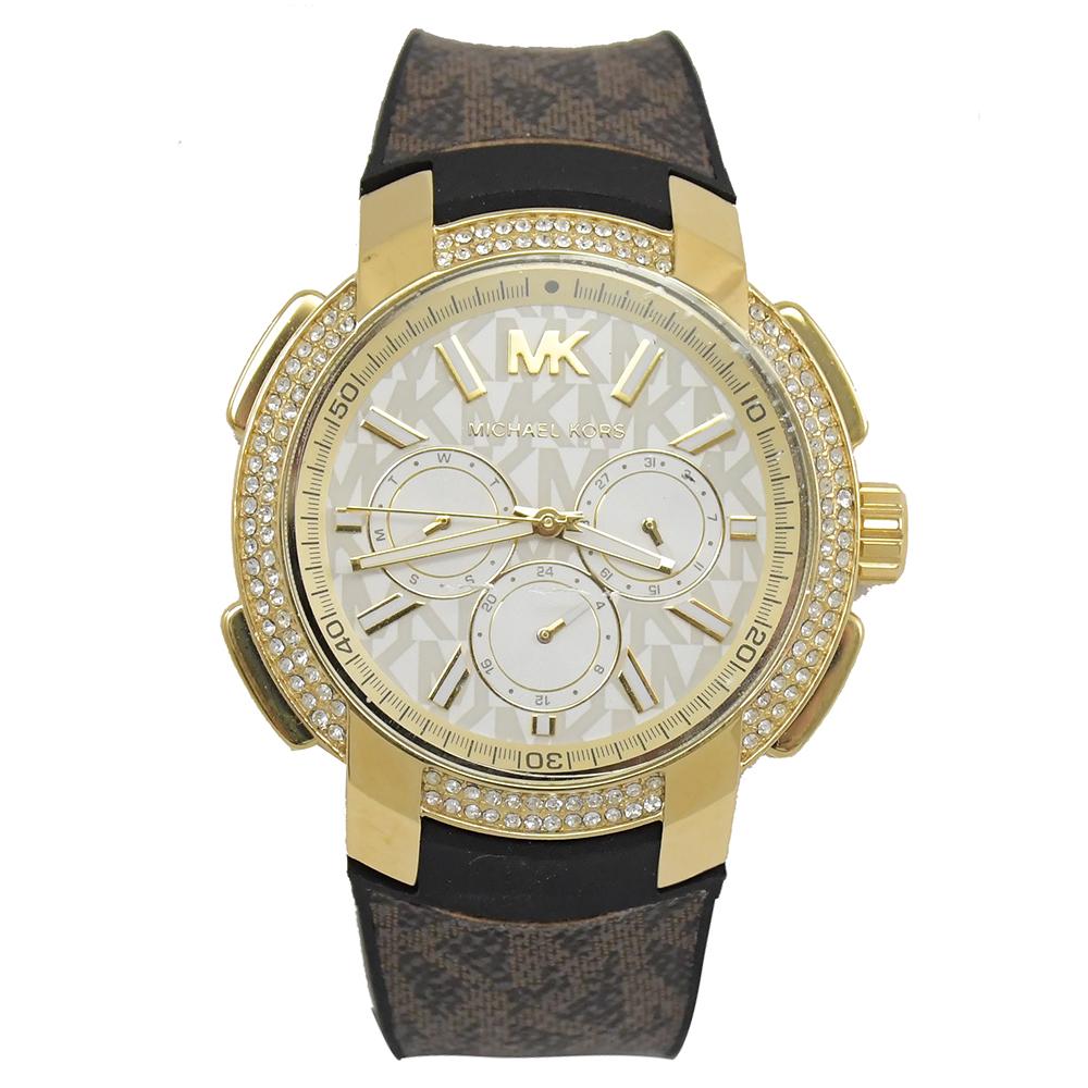 MICHAEL KORS MK6948 水鑽三眼大錶框腕錶.深咖/金 42mm