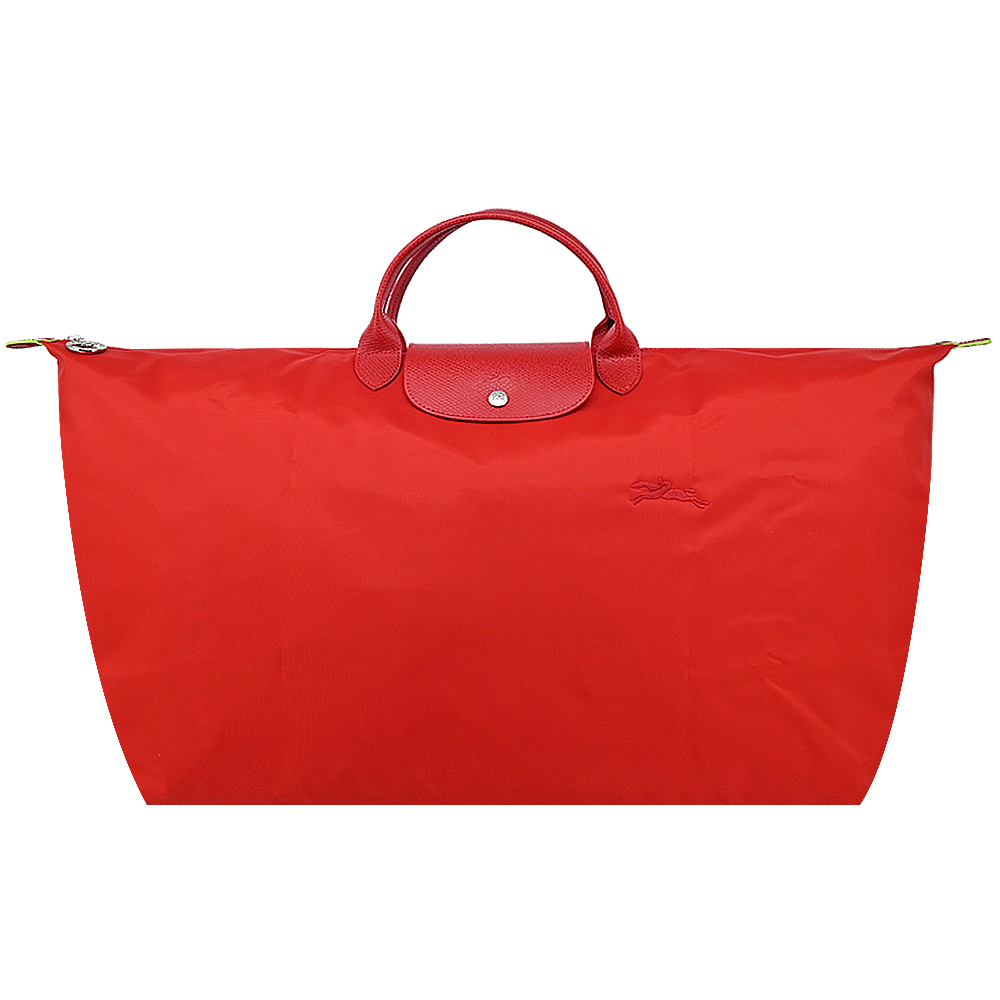 LONGCHAMP LE PLIAGE GREEN系列刺繡短把再生尼龍摺疊旅行袋(中/番茄紅)