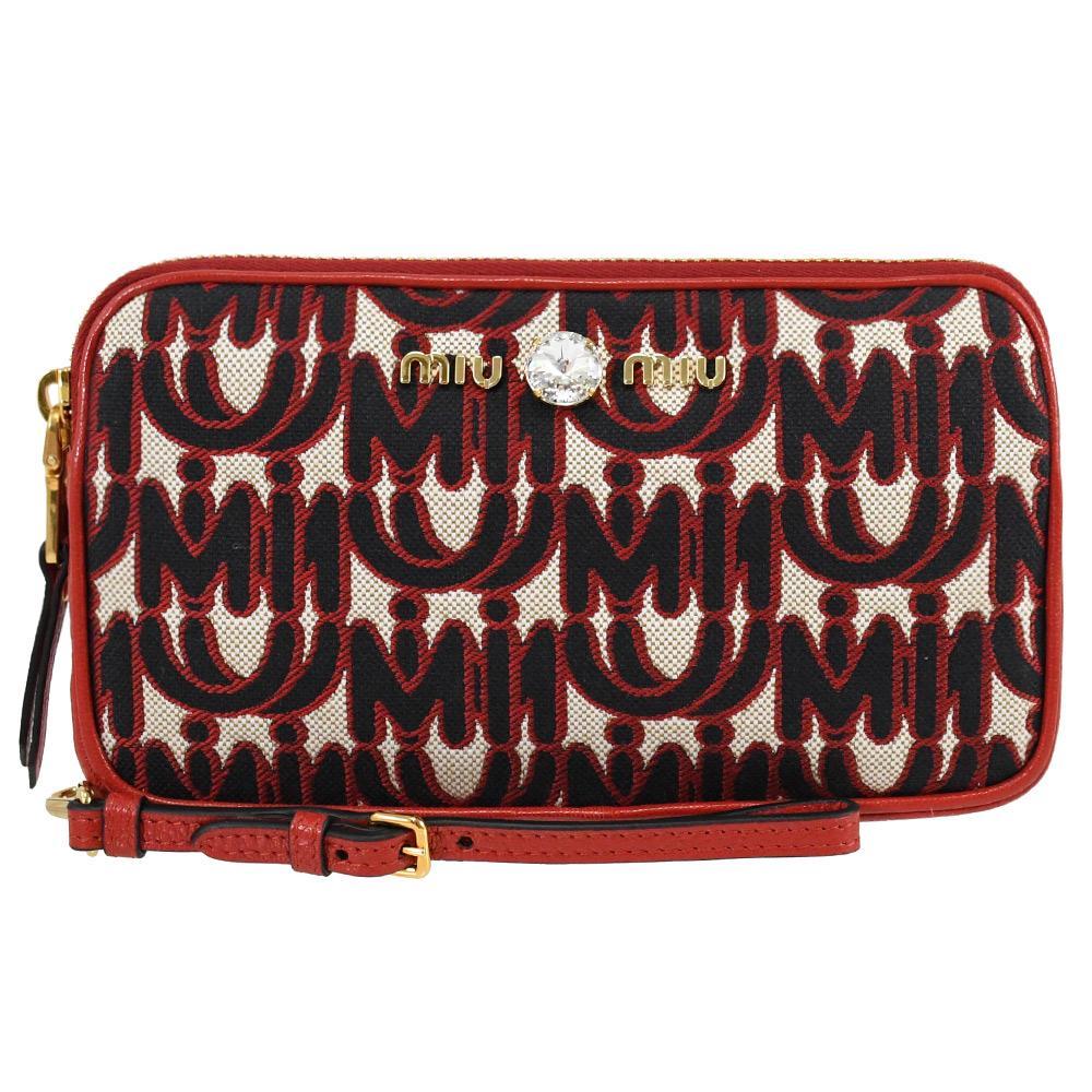 MIU MIU 5DF008 刺繡LOGO水鑽飾造型手拿包/中夾.紅