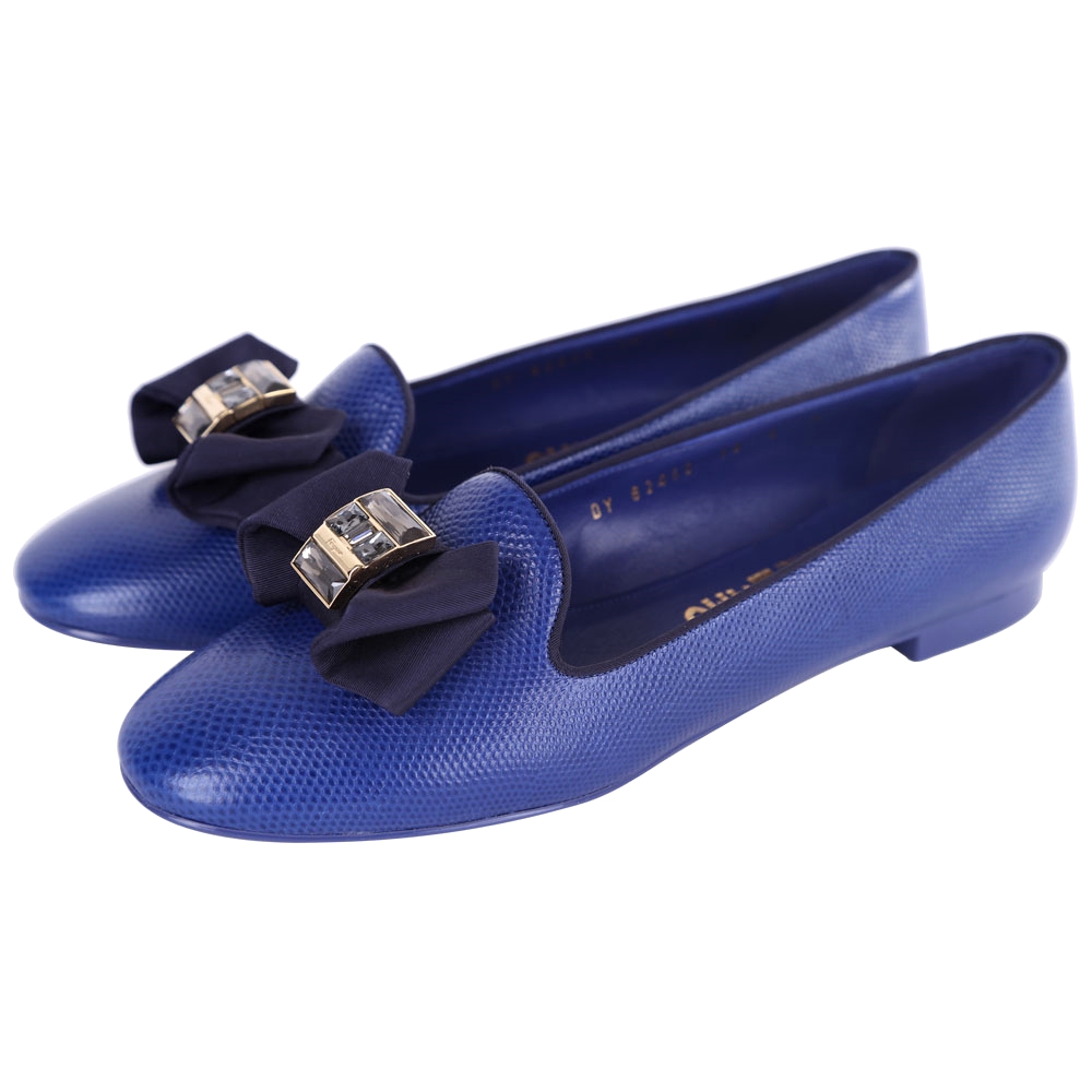 Salvatore Ferragamo Gessy 蝴蝶結鑽飾壓紋平底鞋(藍色)