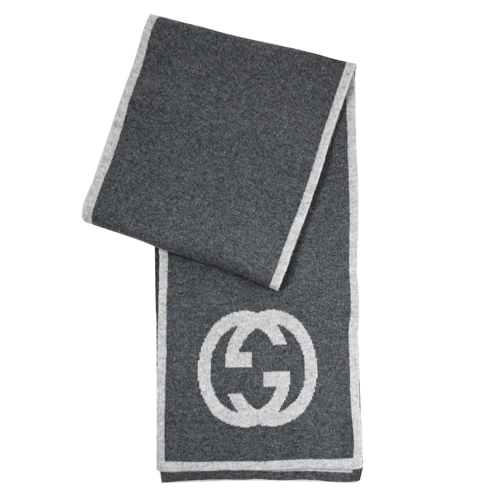 GUCCI 548247 經典雙G LOGO簡約雙面保暖長圍巾.深灰