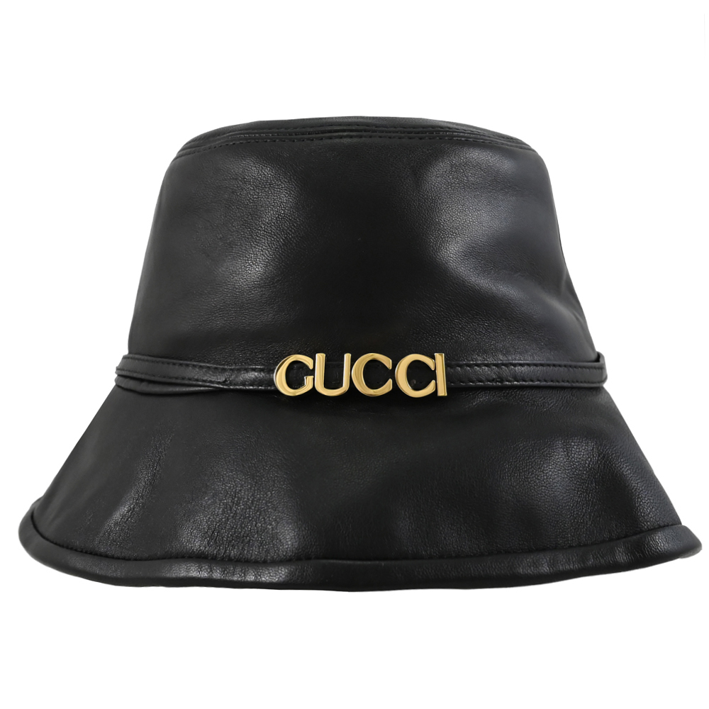 GUCCI 760420 金屬LOGO羊皮造型漁夫帽.黑