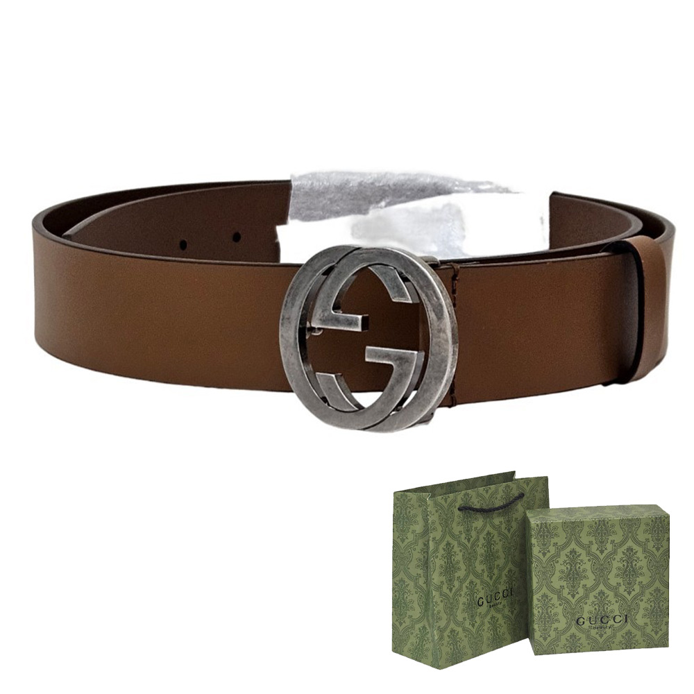 GUCCI 經典最新款式復古銀雙 G LOGO小牛皮棕色皮帶