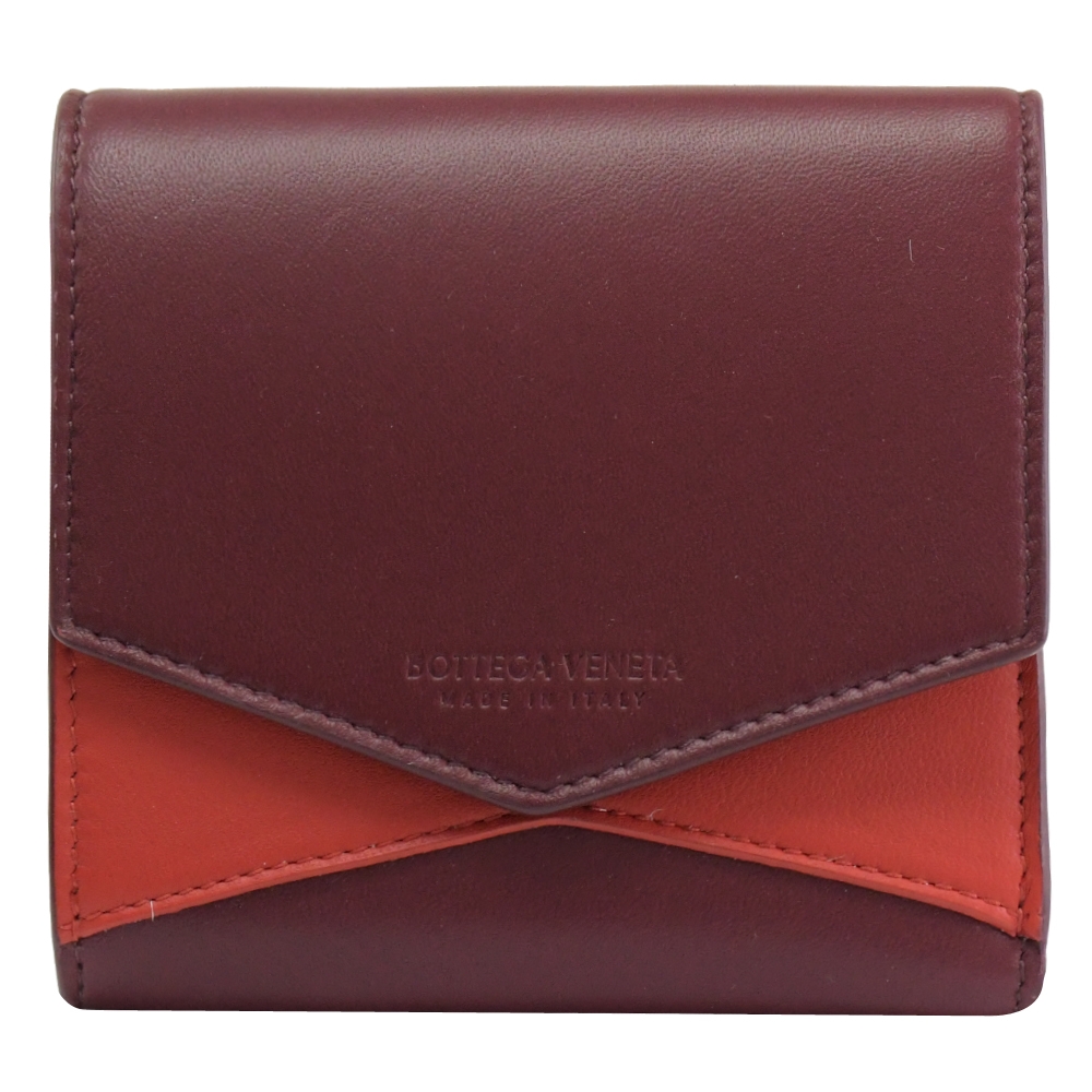 BOTTEGA VENETA 597972 撞色羊皮扣式零錢短夾.酒紅/紅