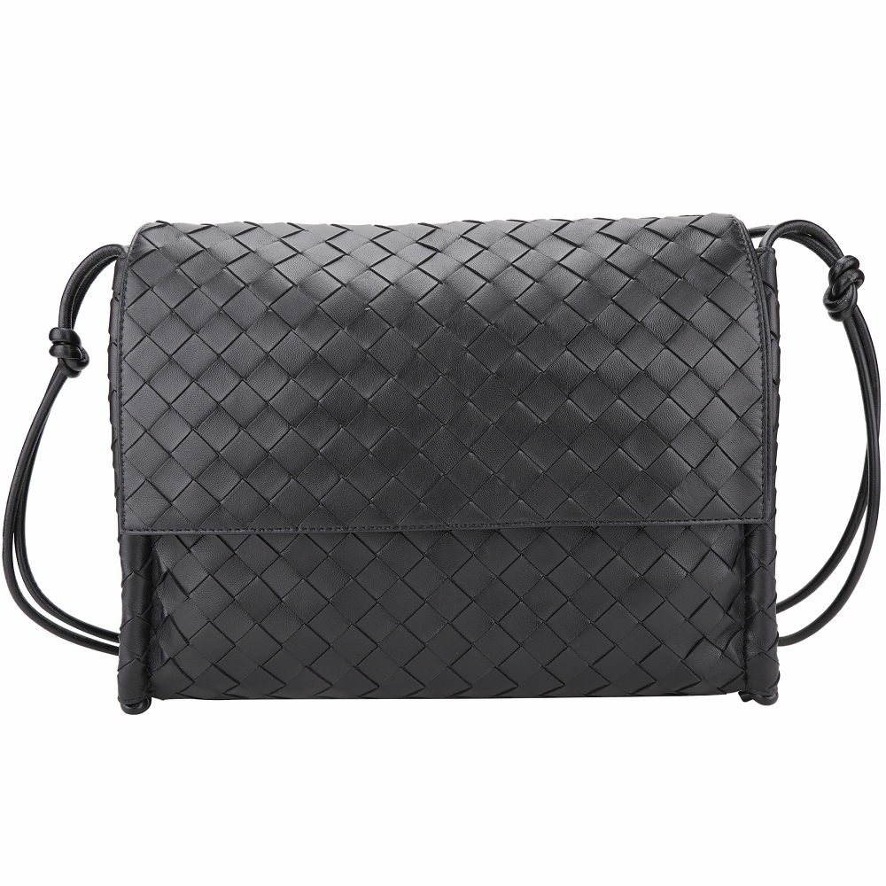 BV BOTTEGA VENETA THE FOLD 小羊皮編織翻蓋皮繩斜揹包(黑色)