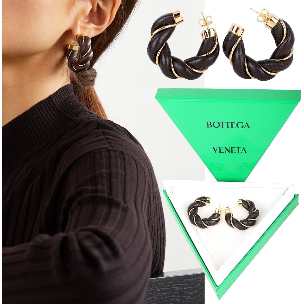 BOTTEGA VENETA TWIST 小羊皮扭結環型穿針式耳環(深咖色)