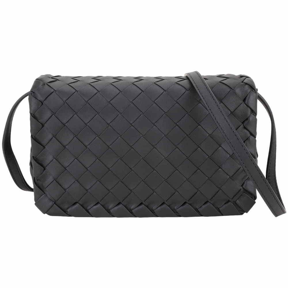 BOTTEGA VENETA Intrecciato 小羊皮手工編織雙層斜揹包(黑色)