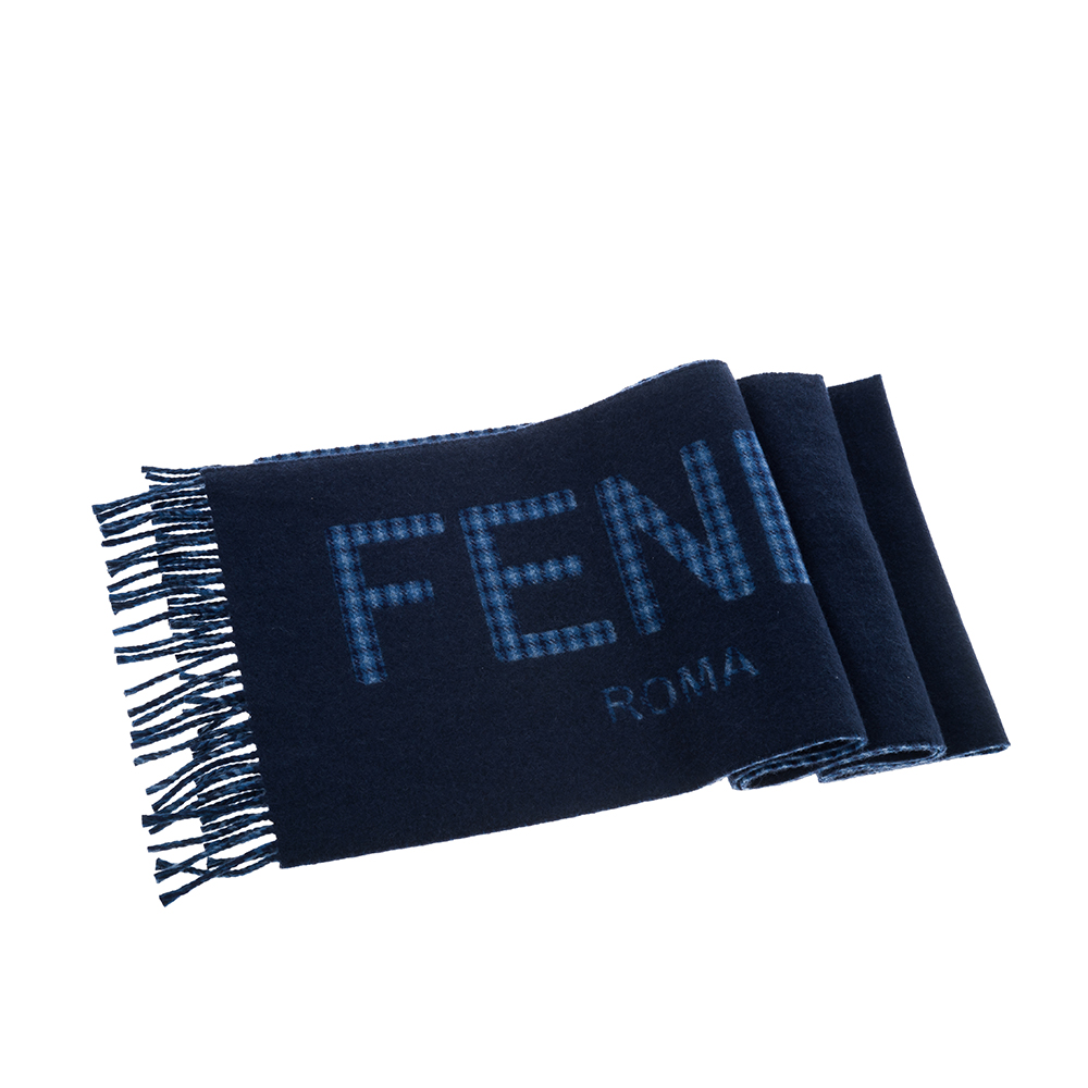 FENDI 經典羊毛雙色格紋FENDI ROMA字母圖案流蘇圍巾 (藍色)