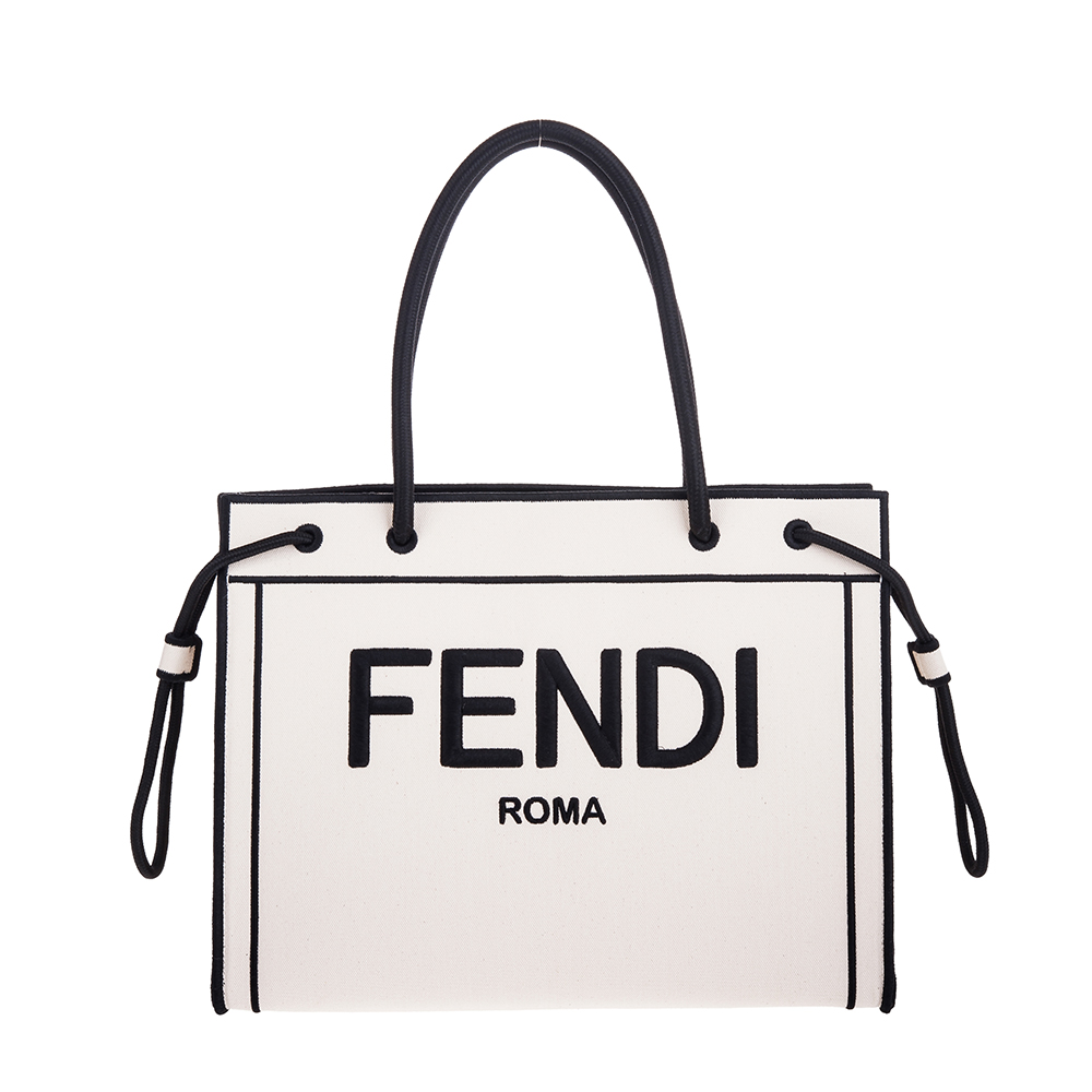 FENDI 新款米白刺繡FENDI標誌帆布ROMA手提/肩背包 (中款)