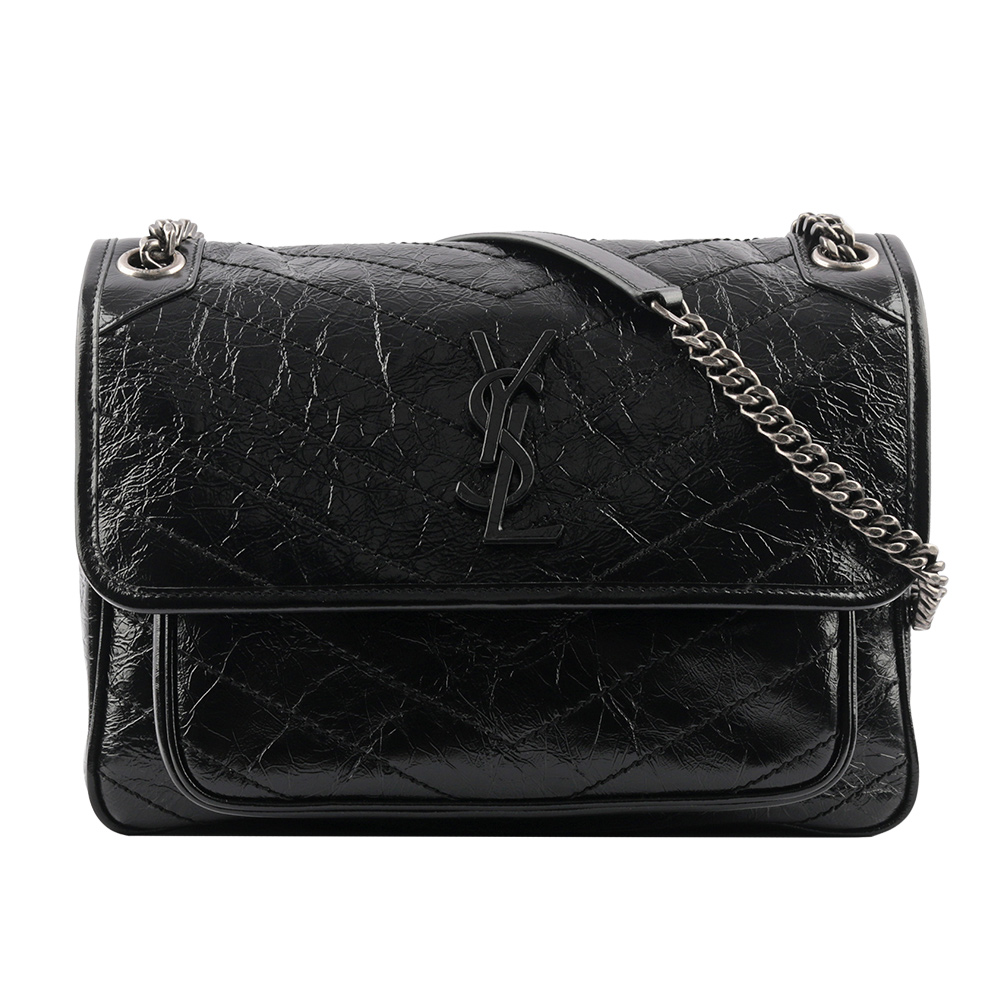 YSL 小牛皮翻蓋NIKI包/郵差包/中款(28cm)(黑) 633158 0EN04 1000
