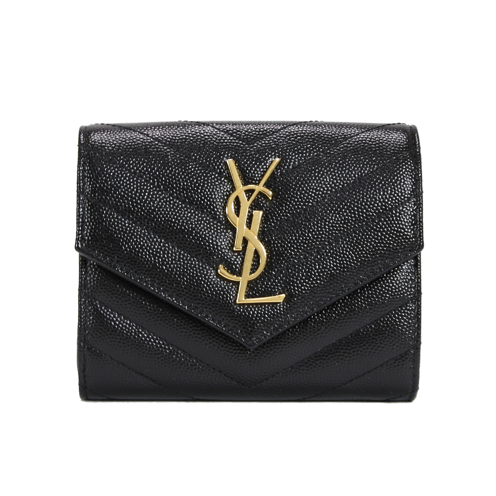 【YSL】MONOGRAM 魚子醬牛皮金色金屬三摺信封釦式短夾(黑色)
