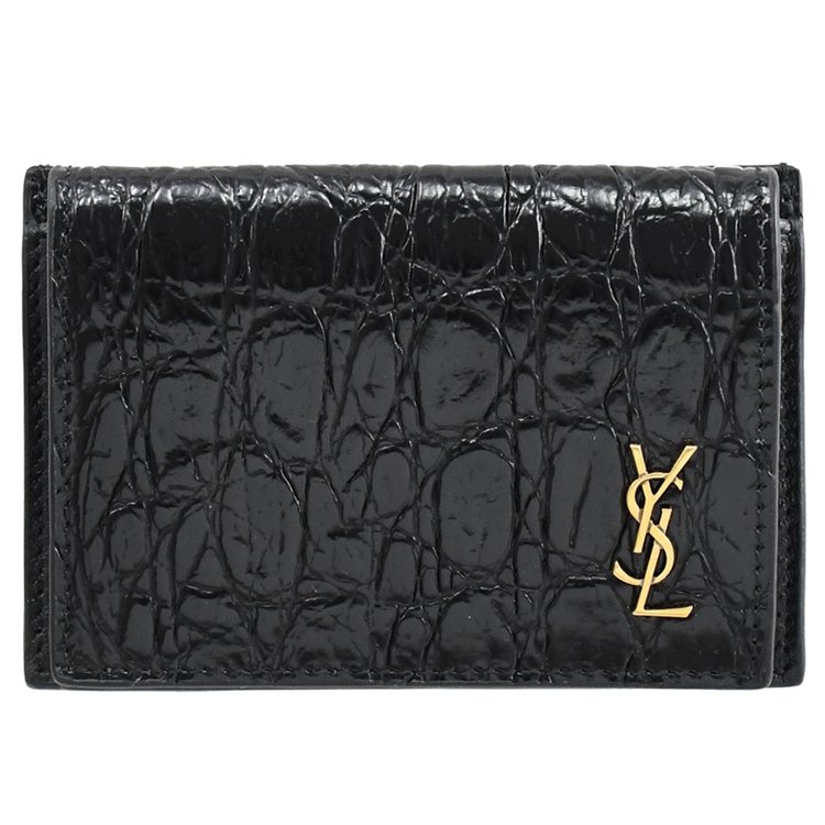 YSL 635264 鱷魚壓紋小牛皮簡易釦式卡片零錢包.黑