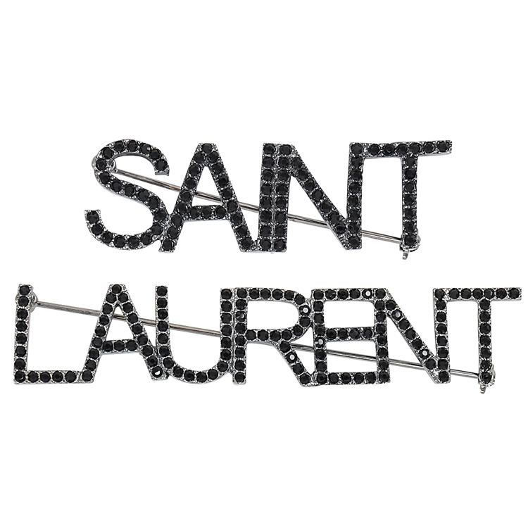 YSL 652628 Saint Laurent 經典英字水鑽金屬胸針.銀