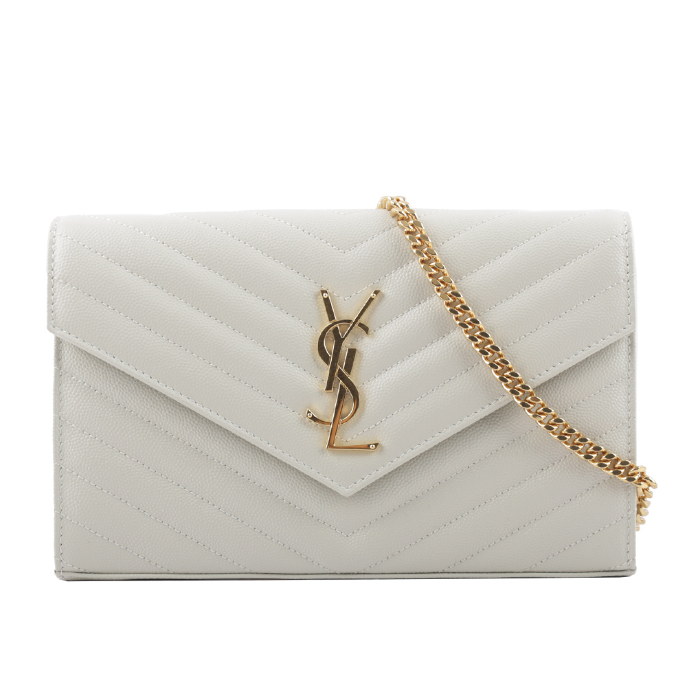 YSL V紋荔枝皮金色LOGO WOC 斜揹包(復古白) 377828 BOW01 9207