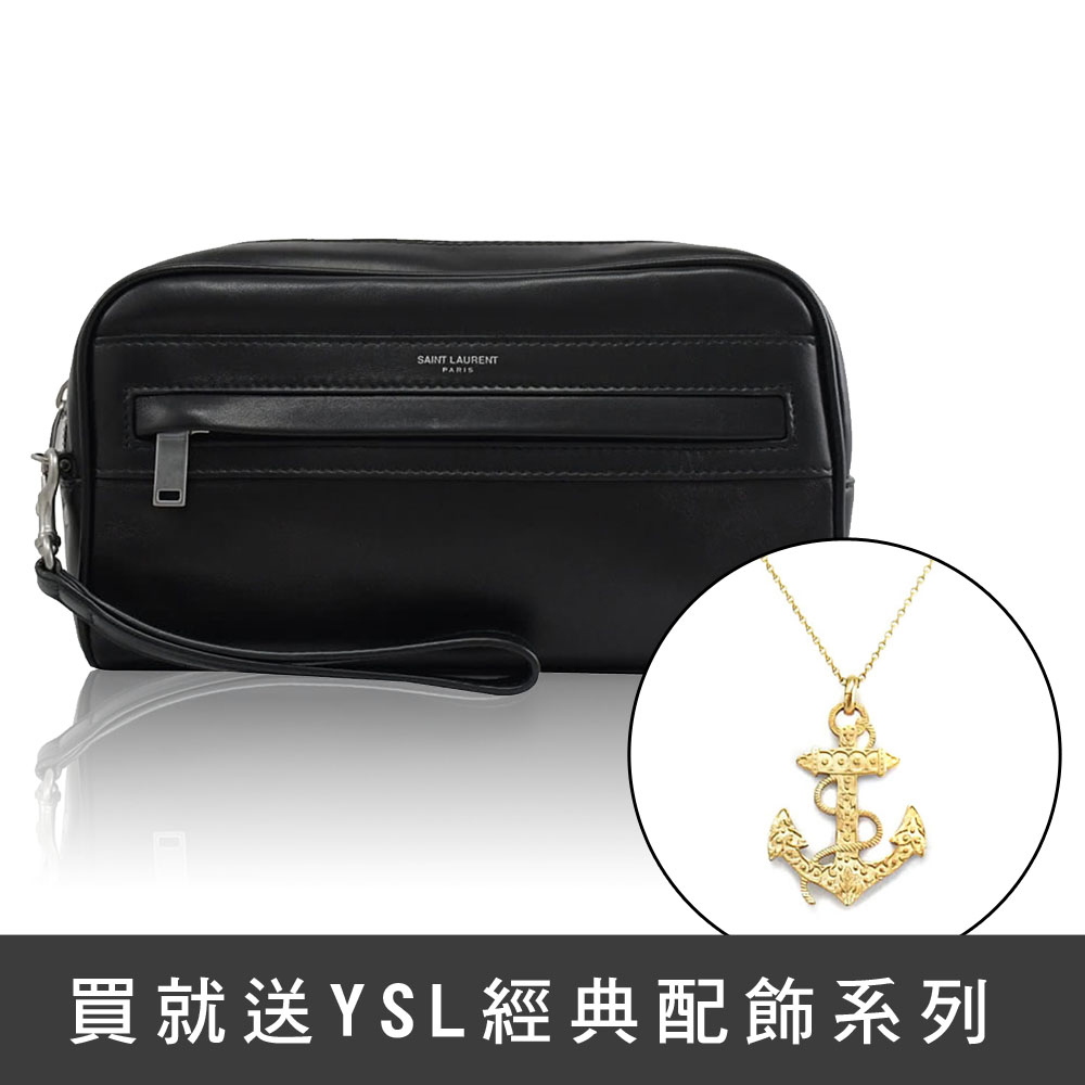 YSL 635166 燙銀LOGO素面小牛皮拉鍊大手拿包.黑(買就送YSL經典項鍊)