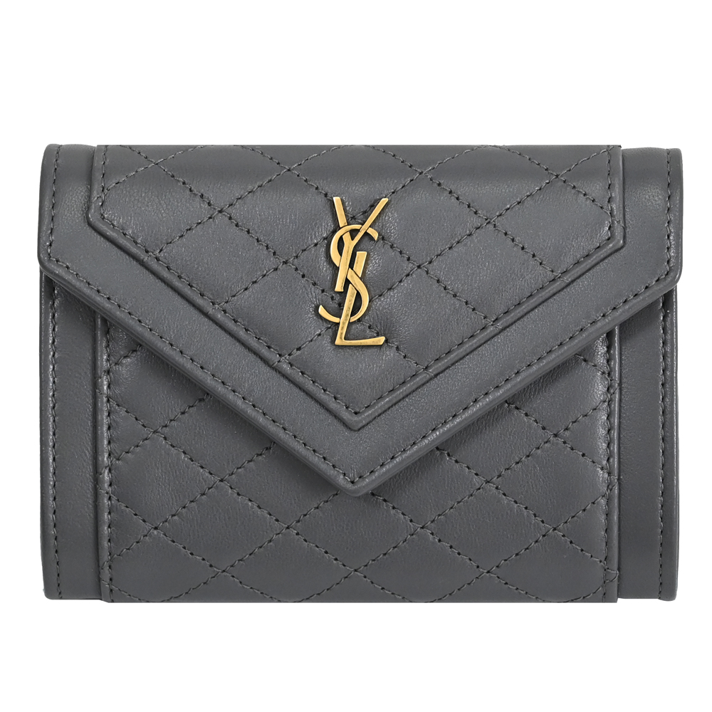 YSL 692052 經典LOGO菱格縫線羊皮扣式卡片零錢包.深灰