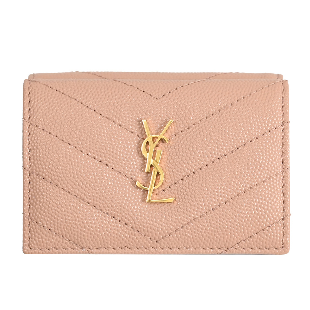 YSL 668274 MONOGRAM V字紋牛皮三折式短夾.藕粉